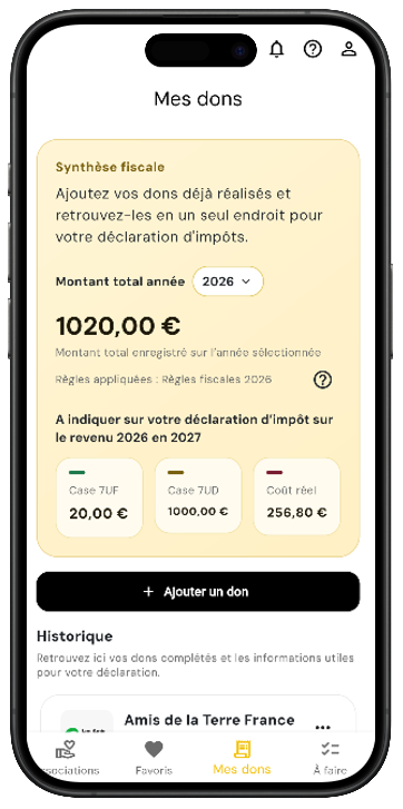 Bilan fiscal dans l'application La Bonne Cause